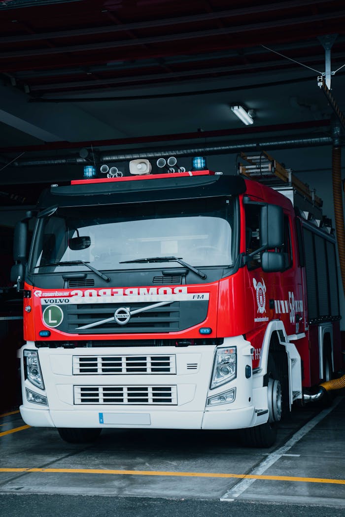 Fire Truck Parked in Garage